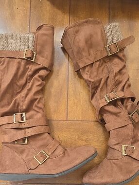 BONGO Chestnut Brown Over-the-Knee Buckle Boots with Knit Cuff
